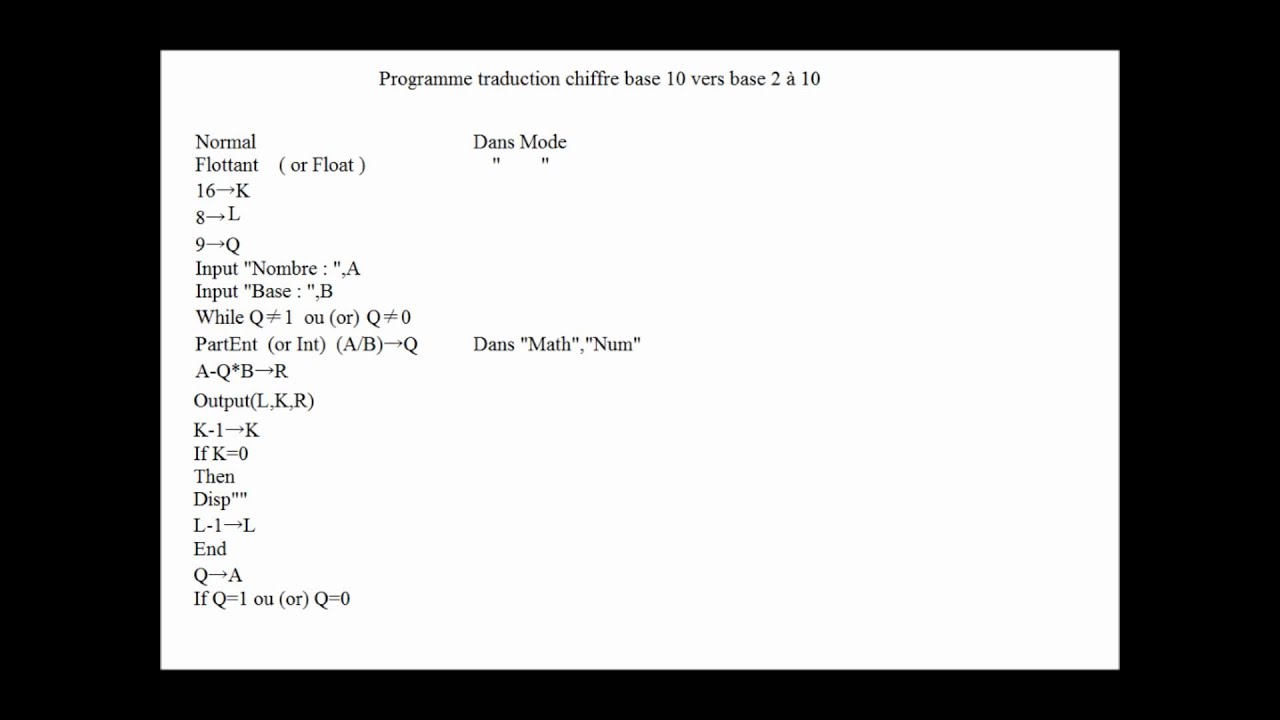 Programme traduction base 10 vers binaire et plus (-10)